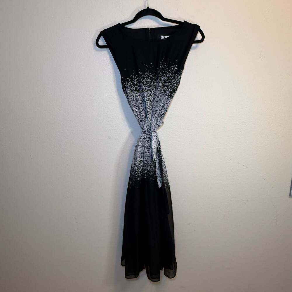 DKNY Black & White Ombre Cap Sleeve Midi Dress. Evening Dress.